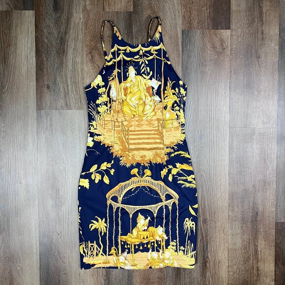 Mark E Toile Graphic Art Print Halter Mini Dress Navy Blue Cotton 2 4 Small XS - Picture 8 of 14